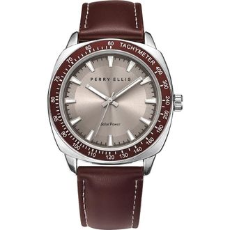 Perry Ellis Solar Leather Strap Watch, 41mm in Silver at Nordstrom Rack