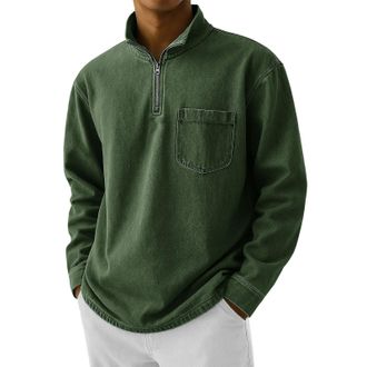 Generic Mens Sweatshirt Quarter Zip Cotton Vintage Pullover Stand Collar Long Sleeve Acid Wash Streetwear Top LongSleeve Denim Style Top with Chest Pocket (Gr