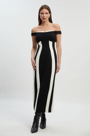 Karen Millen Womens Compact Stretch Colour Block Tailored Bardot Midi Dress - Monochrome Multi - Size 12 UK