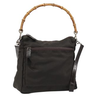 Gucci Vintage Bamboo Handle Bag Nylon Brown Nylon Handbag (Pre-Owned)