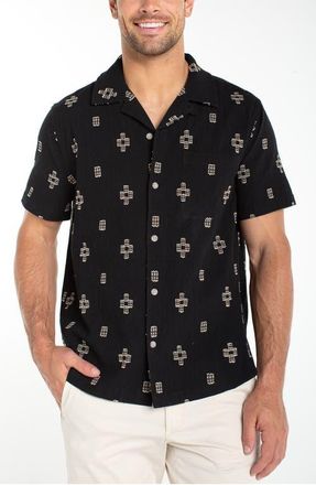 Liverpool L.A. Geometric Jacquard Cotton Camp Shirt in Black Parchment at Nordstrom, Size X-Large