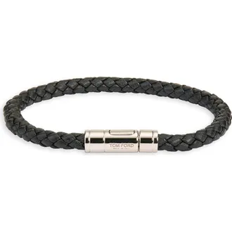 Tom Ford Mens Tubular Clasp Braided Leather Bracelet in Naa Black at Nordstrom, Size X-Large
