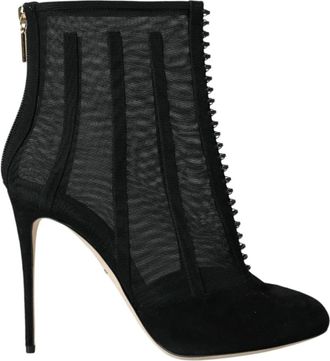 Dolce & Gabbana Zwarte Mesh Booties Enkellaarzen - Dames - Laarzen met Hak - Zwart - 40 EU - Schoenen