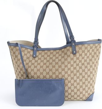 Gucci Blue Brown Leather Canvas Handbag Pouch Tote Bag (Pre-Owned)