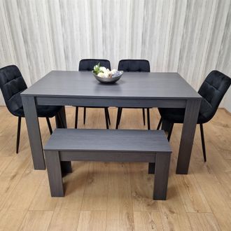 Kosy Koala Dining Table & 4 Chairs With Bench Black Dark Grey 4 Velvet Chairs Wooden Bench Wood Dining Set Furniture in Brown