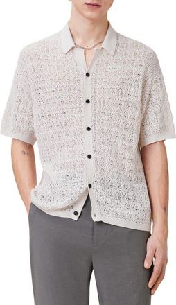 AllSaints Loire Open Stitch Cotton & Linen Button-Up Polo Sweater in Ecru White at Nordstrom, Size Xx-Large