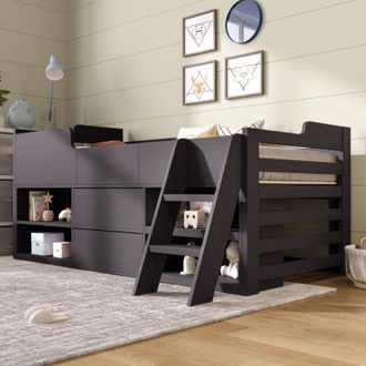 C&A Wooden Mid Sleeper Bed Frame with Storage Drawers and Shelf-3ft Single(90x190cm)
