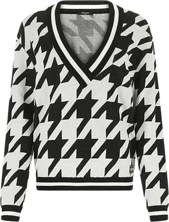 Balmain Geborduurde Oversized Wolmix Pull - Dames - V-hals truien - Zwart - XS - Wol - Truien & Vesten