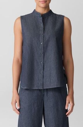 Eileen Fisher Sleeveless Band Collar Chambray Button-Up Shirt in Denim at Nordstrom Rack, Size Xx-Small