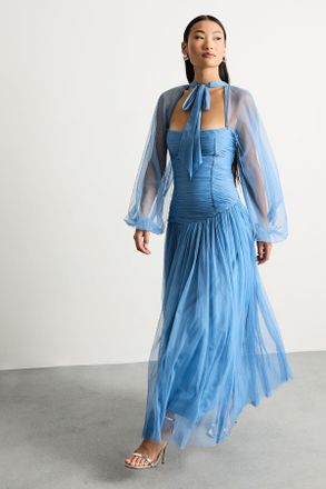 Warehouse Womens Petite Bow Detail Gathered Tulle Maxi Dress with Open Neck - Blue - Size 12 UK