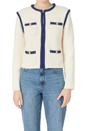 endless rose Braided Trim Knit Jacket in Cream/Black at Nordstrom, Size Medium