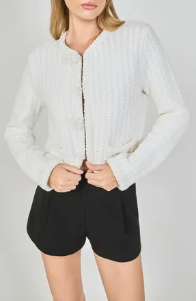 endless rose Beaded Flower Embellishment Cable Knit Pointelle Sweater in White at Nordstrom, Size X-Small