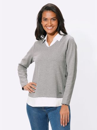 Casual Looks 2-in-1-Shirt CASUAL LOOKS Shirt, Damen, Gr. 38, grau (grau, wei&szlig;), 88% Baumwolle, 12% Polyester, unifarben, V-Ausschnitt, Shirts 2-in-1-Shirt