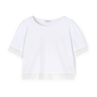 Motivi Tops, Dames, Wit, S, Pailletten, T-shirt met paillettenrand