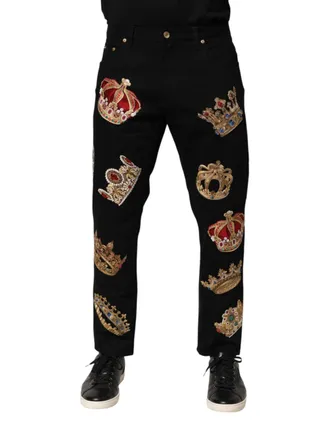 Dolce & Gabbana Mens Baroque Royal Embroidered Trousers Black Cotton