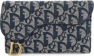 Dior Gold Navy Canvas Leather Long Wallet (Tri-Fold) (Pre-Owned)
