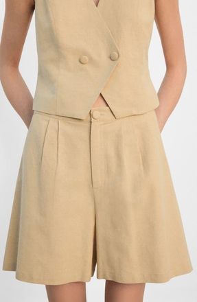 Mango Pleated Straight Fit Cotton & Linen Blend Bermuda Shorts in Mustard at Nordstrom, Size X-Small