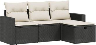 vidaXL Juego De Sof&aacute;s Jard&iacute;n 4 Pzas Con Cojines Rat&aacute;n Sint&eacute;tico Negro Vidaxl