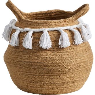Nearly Natural 11-in Boho Chic Handmade Natural Cotton Woven Basket Planter with Tassels in Beige at Nordstrom