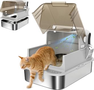 OEM Arenero Para Gatos De Acero Inoxidable Xxl Con Tapa Abatible Laterales Altos Entrada Superior Pala Gris