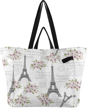 Generic Paris Flower White print Reusable Canvas Tote Bag, Heavy Duty Grocery Shopping Bag with Double Handles Large Capacity Hard Bottom Work Groceries Trave