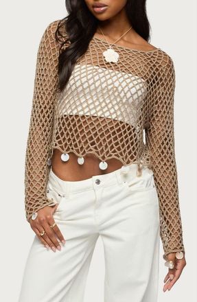 Edikted Macerena Iridescent Disc Open Stitch Top in Taupe at Nordstrom, Size X-Large