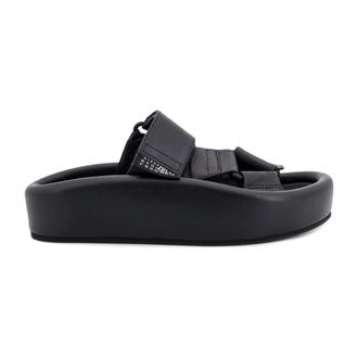 Maison Margiela Sliders, female, Black, Size: 11 US Black Leather Sandals with Velcro Closure