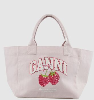 Ganni Tote Bag Medium Trapeze Shopper Raspberry Print Egret