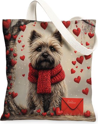 Generic Valentines Day Cairn Terrier Dog Canvas Tote Bag for Shopping 13x15, Fun Heart Tree Puppy Reusable Grocery Print Pattern Bag for Women, Pet Beach Aest