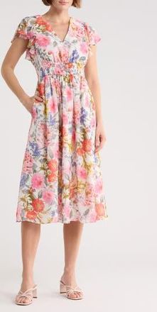 Eliza J Floral Flutter Sleeve Chiffon Midi Dress in Ivory Mult at Nordstrom Rack, Size 14