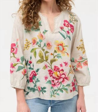 Johnny Was Split Neck Linen Blouse In Grey