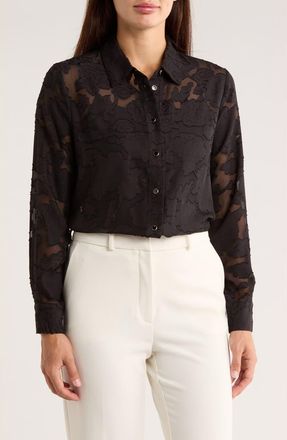 Ellen Tracy Burnout Floral Button-Up Shirt in Black at Nordstrom Rack, Size X-Small