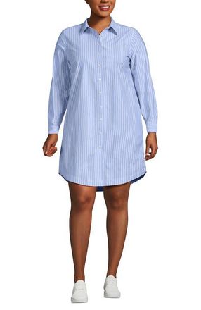 Lands End Linen Long Sleeve Button Front Shirt Dress in Blue/white Stripe at Nordstrom, Size 3X