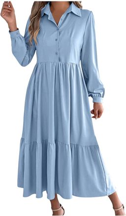 Generic Shirt Dresses for Women UK Long Sleeve Button Down V Neck Dress Ladies Solid Color Casual Office Work Dress Elegant Swing Midi Dresses Turndown Collar