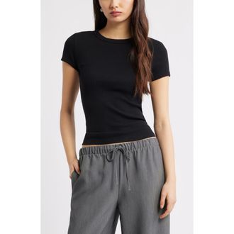 Open Edit Rib Short Sleeve Shirt in Black at Nordstrom, Size Xx-Small