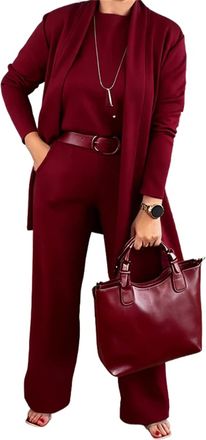 Generic Elegant Longline Cardigan, Top, Pants 3-Pieces Set, Solid Formal Wide Leg Pant Suits, 3 Piece Travel Outfits for Women (Red,XL)