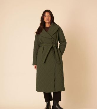 Nobody's Child Piumino lungo trapuntato kaki allacciato in vita-Verde