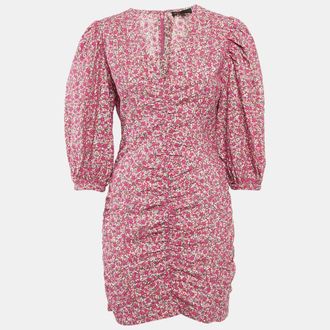 Maje Fuchsia Pink Floral Print And Embroidery Puff Sleeve Mini Dress