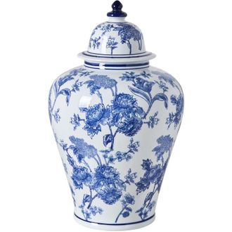 Beliani Flower Vase with Lid White and Blue Lidded Ginger Jar Porcelain Decorative Table Accessory Antique Vintage ALFARO
