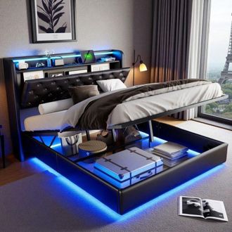 OEM Cama Doble 140x200 - Cofre Con Elevaci&oacute;n - Led Rgb - Usb-c - Dise&ntilde;o Flotante Negro