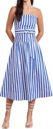 Entro Paige Striped Strapless Midi Dress In Blue