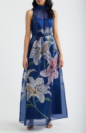 Julia Jordan Printed Tie Neck Organza Cocktail Dress in Navy Multi at Nordstrom, Size 12