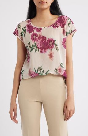 Tahari by ASL Floral Pliss&eacute; Top in Sand Berry Floral at Nordstrom, Size X-Large