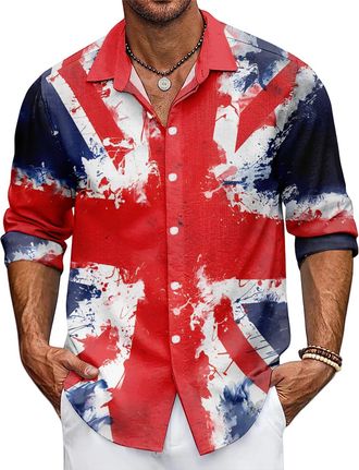 Generic Mens Union Jack Shirt Great Britain Bunting Flags Print Long Sleeve Shirts Casual Button Down Shirt (UK, Alpha, XXL, Regular, Regular, 4)
