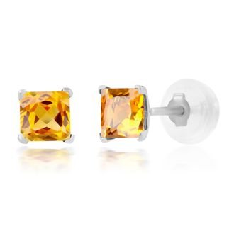 MAX + STONE 14k Yellow or White Gold 4mm Square Princess Cut Gemstone Stud Earrings