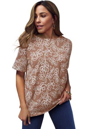 Jessica London Stretch Cotton Cuff Tee in Creamy Mocha Moving Floral at Nordstrom, Size 32