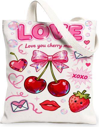 Generic Love Cherries Canvas Tote Bags, Cute Fruit Design Reusable Grocery Bags, Spring Stylish Lightweight Washable Shoulder Strap, White, 13x15 Inch