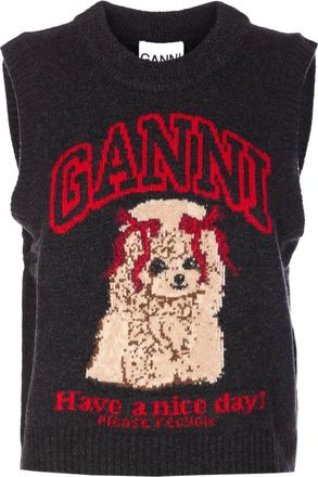 Ganni Top smanicato con grafica - Nero