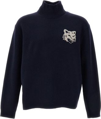 Maison Kitsun&eacute; Blue Fox Head Intarsia Merino Wool High-Neck Sweater