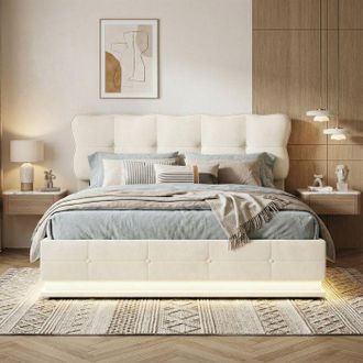 OEM Cama Con Almacenamiento - Cama 160 X 200 - Terciopelo Beige - Somier De Lamas Incluido - Almacenamiento Hidr&aacute;ulico Con Led